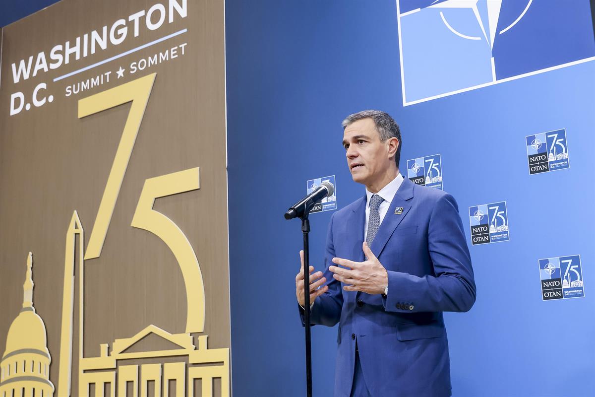 10/07/2024. Pedro Sánchez participa en la cumbre de la OTAN (primera jornada). El presidente del Gobierno, Pedro Sanchez, comparece ante los... 10/07/2024. Pedro Sánchez participa en la cumbre de la OTAN (primera jornada). El presidente del Gobierno, Pedro Sanchez, comparece ante los...