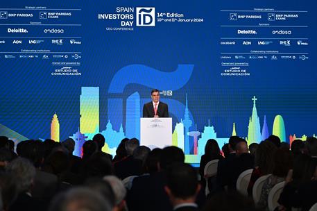 11/01/2024. S&#225;nchez clausura el foro financiero internacional Spain Investors Day. El presidente del Gobierno, Pedro S&#225;nchez, interviene en ...