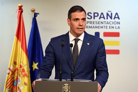 18/04/2024. Pedro S&#225;nchez participa en la reuni&#243;n del Consejo Europeo. El presidente del Gobierno, Pedro S&#225;nchez, durante su comparecencia a...