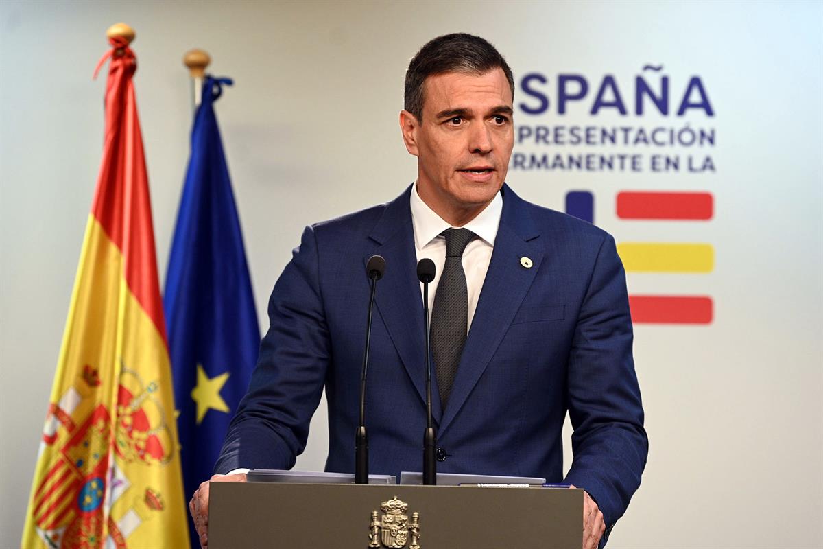 18/04/2024. Pedro Sánchez participa en la reunión del Consejo Europeo. El presidente del Gobierno, Pedro Sánchez, durante su comparecencia a...