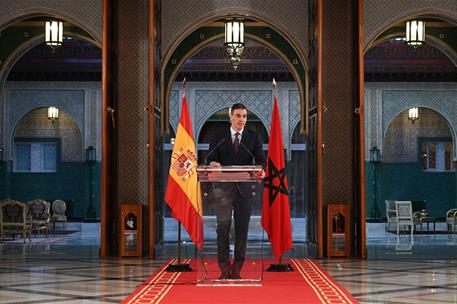 21/02/2024. El presidente del Gobierno viaja a Marruecos. El presidente del Gobierno, Pedro S&#225;nchez, durante su comparecencia ante los medio...