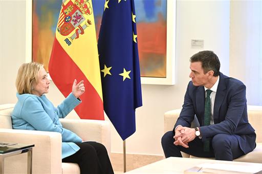 22/01/2024. The President of the Government of Spain receives Hillary Clinton at Moncloa Palace. Meeting between the President of the Govern...