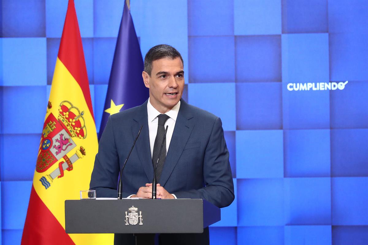 31/07/2024. El presidente del Gobierno, Pedro Sánchez, ha presentado hoy una nueva edición de 'Cumpliendo'. Pedro Sánchez comparece ante los...