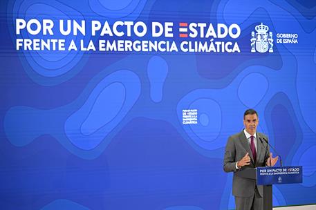 1/09/2025. Clausura del acto "Por un pacto de Estado frente a la emergencia climática". El presidente del Gobierno, Pedro Sánchez, durante s...