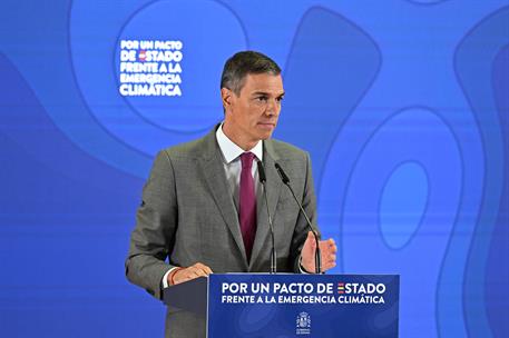 1/09/2025. Clausura del acto "Por un pacto de Estado frente a la emergencia climática". El presidente del Gobierno, Pedro Sánchez, durante s...