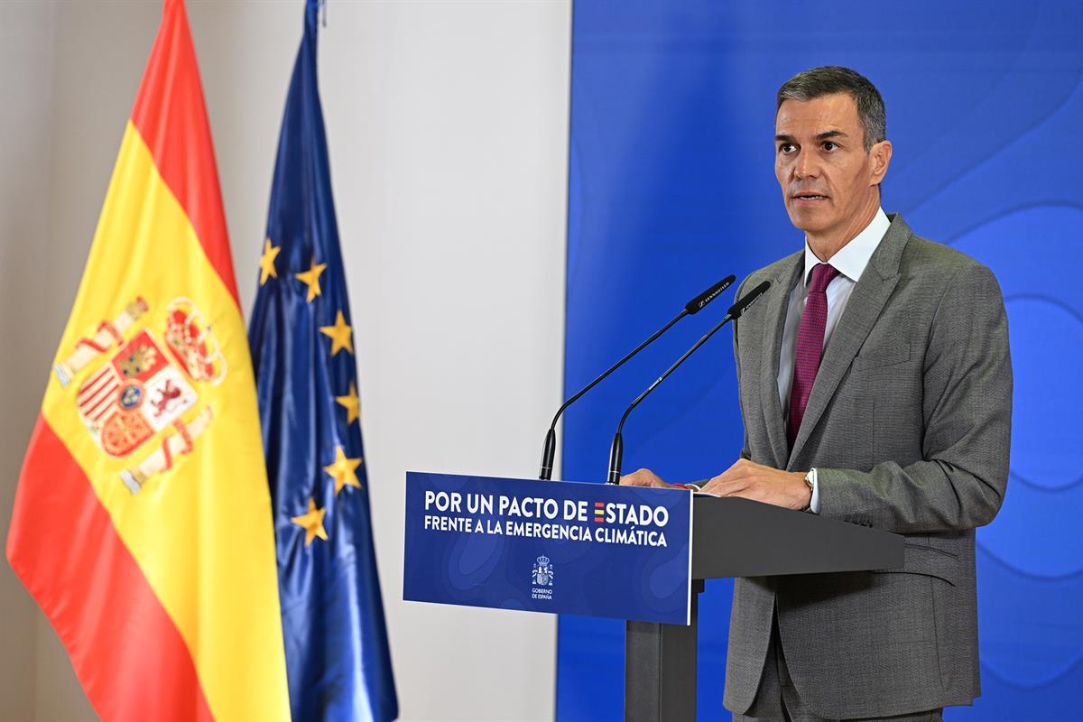 1/09/2025. Clausura del acto "Por un pacto de Estado frente a la emergencia climática". El presidente del Gobierno, Pedro Sánchez, durante s...