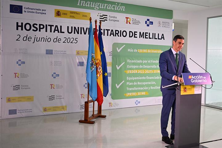 2/06/2025. Pedro Sánchez asiste a la inauguración del Hospital Universitario de Melilla. El presidente del Gobierno, Pedro Sánchez, durante ...