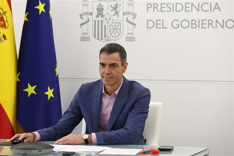 3/06/2025. Videoconferencia sobre la Conferencia Internacional sobre Financiaci&#243;n para el Desarrollo. El presidente del Gobierno, Pedro S&#225;nc...