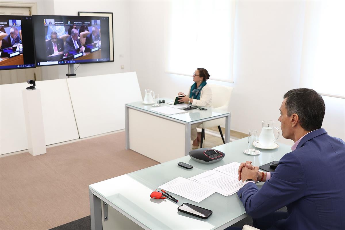 3/06/2025. El presidente del Gobierno, Pedro Sánchez, durante la conferencia que ha mantenido con el secretario general de Naciones Unidas y lídere...
