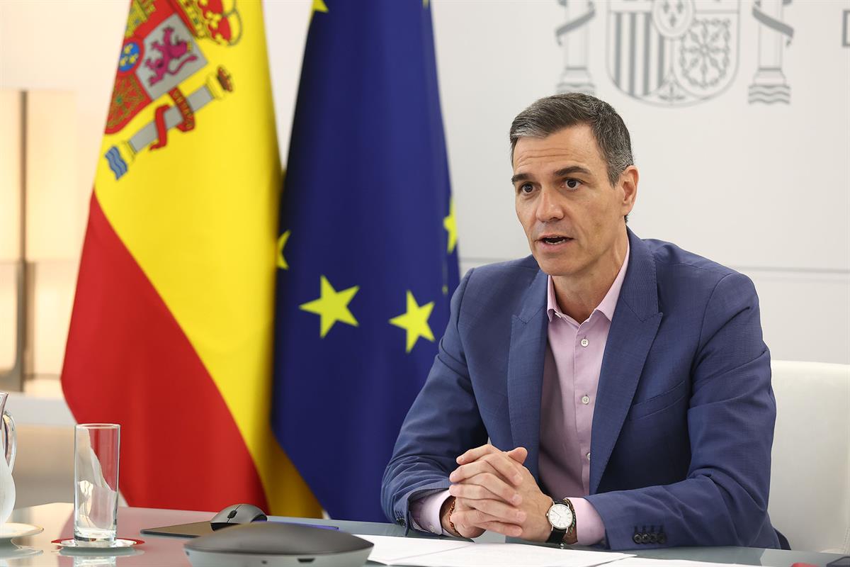 3/06/2025. Videoconferencia sobre la Conferencia Internacional sobre Financiación para el Desarrollo. El presidente del Gobierno, Pedro Sánc...