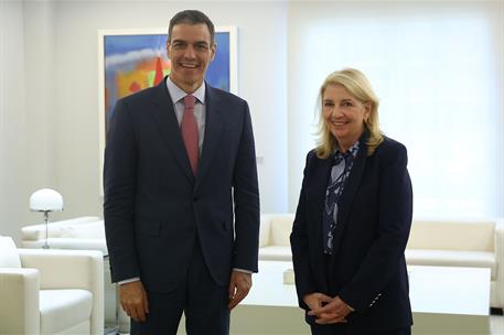 5/05/2025. Pedro S&#225;nchez recibe a la directora ejecutiva de UNICEF. El presidente del Gobierno, Pedro S&#225;nchez, junto a la directora ejecutiv...