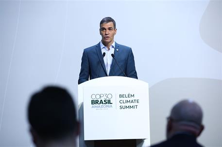 7/11/2025. Pedro Sánchez participa en la Cumbre del Clima. El presidente del Gobierno, Pedro Sánchez, durante su intervención en la rueda de...