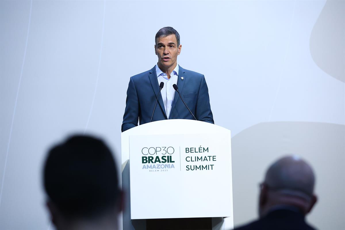 7/11/2025. Pedro Sánchez participa en la Cumbre del Clima. El presidente del Gobierno, Pedro Sánchez, durante su intervención en la rueda de...