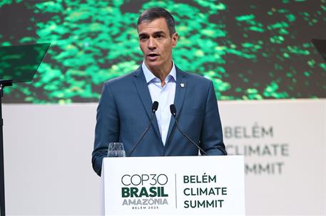7/11/2025. Pedro Sánchez participa en la Cumbre del Clima. El presidente del Gobierno, Pedro Sánchez, durante su intervención en el plenario general.