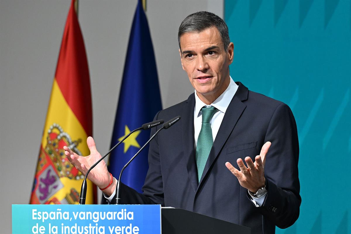 8/09/2025. Pedro Sánchez clausura el acto 'España, vanguardia de la industria verde'. El presidente del Gobierno, Pedro Sánchez, durante su ...