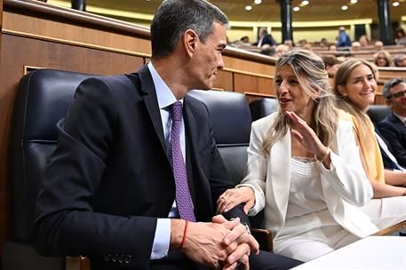 9/07/2025. Pedro S&#225;nchez comparece en la sesi&#243;n extraordinaria del Pleno. El presidente del Gobierno, Pedro S&#225;nchez, y la vicepresidenta seg...