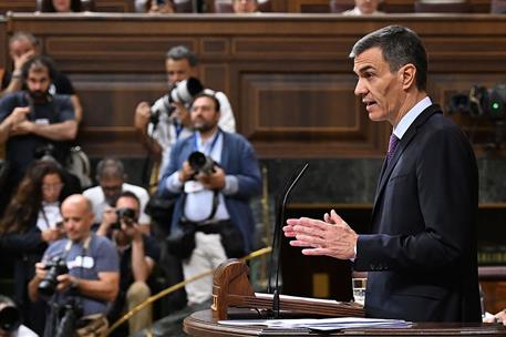 9/07/2025. Pedro S&#225;nchez comparece en la sesi&#243;n extraordinaria del Pleno. El presidente del Gobierno, Pedro S&#225;nchez, durante la intervenci&#243;n...