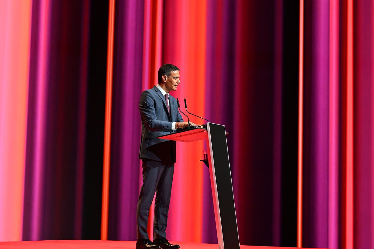 10/06/2025. Pedro Sánchez visita las instalaciones de Netflix España. El presidente del Gobierno, Pedro Sánchez, durante su intervención en el acto.