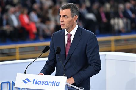 11/09/2025. Pedro Sánchez asiste a la botadura de la fragata F111 Bonifaz. El presidente del Gobierno, Pedro Sánchez, interviene en el acto ...