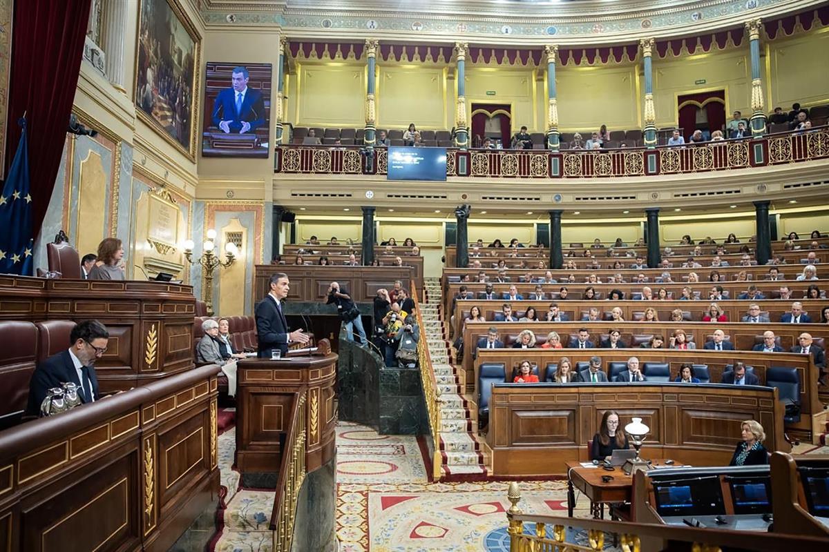12/11/2025. Comparecencia de Pedro Sánchez en el Congreso de los Diputados. El presidente del Gobierno, Pedro Sánchez, durante su intervención.