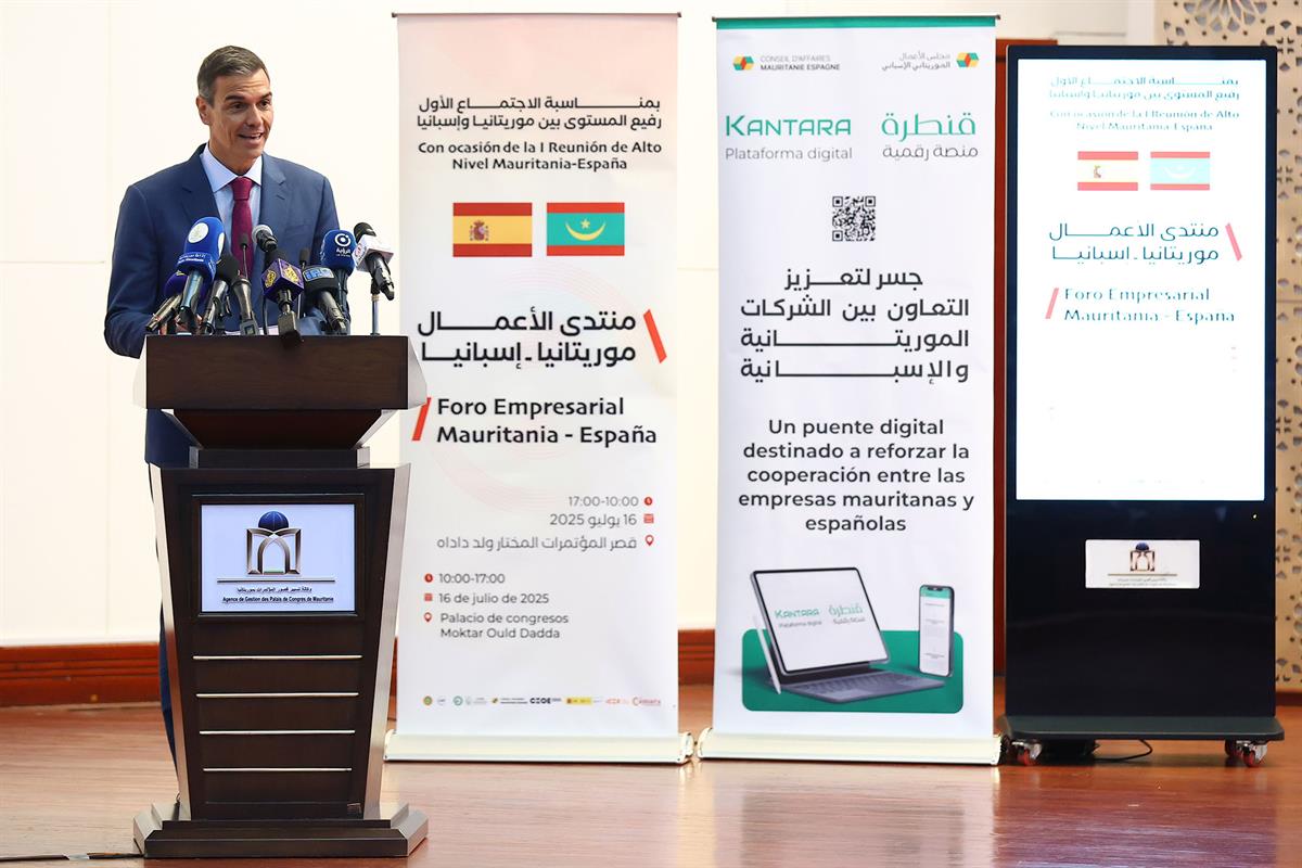 16/07/2025. Pedro Sánchez viaja a Mauritania. El presidente del Gobierno, Pedro Sánchez, durante la clausura del Encuentro Empresarial Españ...