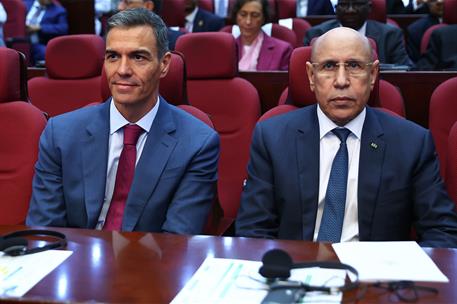 16/07/2025. Pedro S&#225;nchez viaja a Mauritania. El presidente del Gobierno, Pedro S&#225;nchez, junto al presidente de Mauritania, Mohamed Ould Gha...