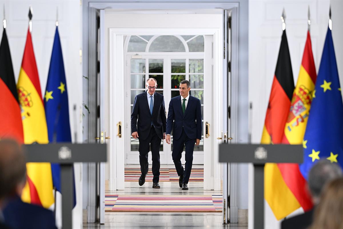 18/09/2025. Pedro Sánchez se reúne con el canciller alemán Friedrich Merz. El presidente del Gobierno, Pedro Sánchez, y el canciller alemán,...