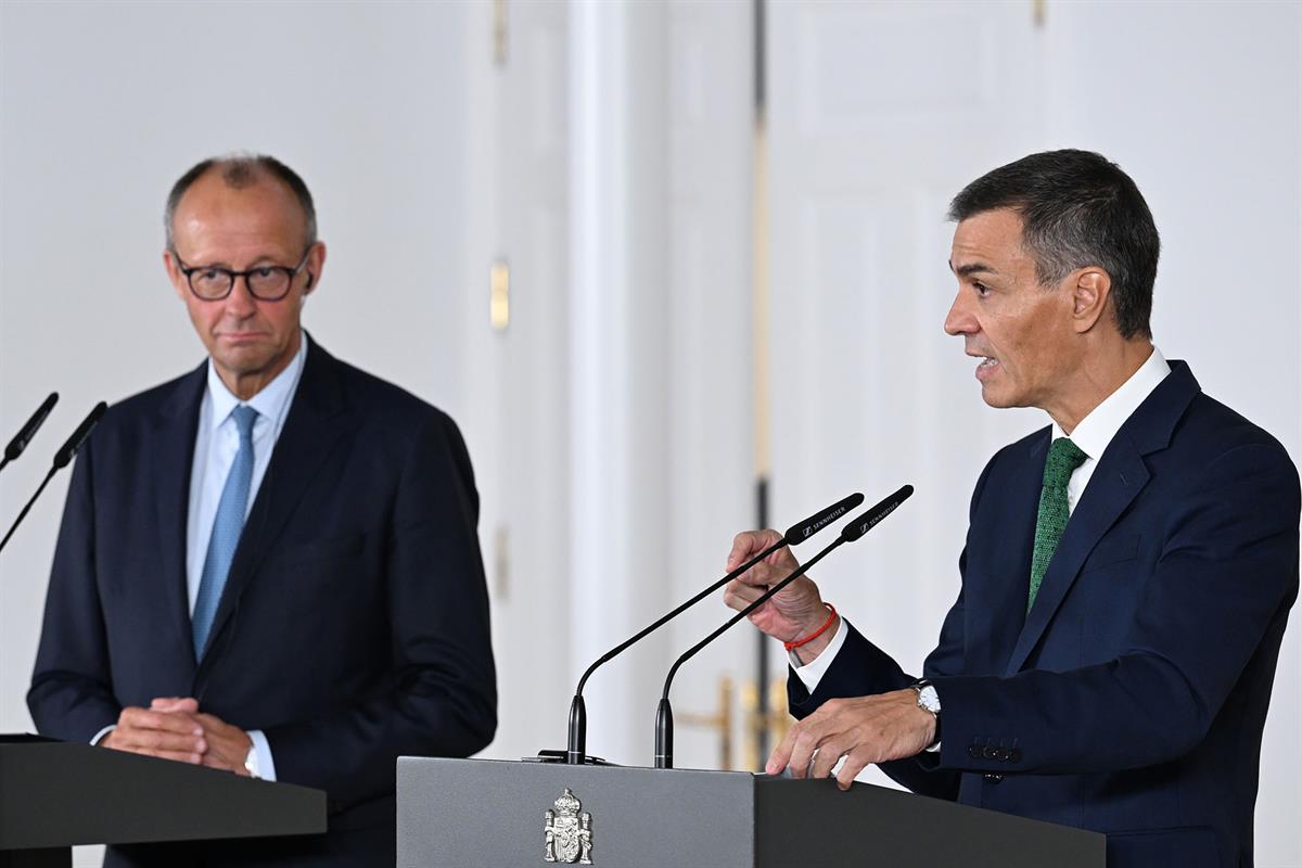 18/09/2025. Pedro Sánchez se reúne con el canciller alemán Friedrich Merz. El presidente del Gobierno, Pedro Sánchez, y el canciller alemán,...
