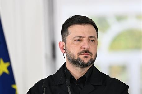 18/11/2025. El presidente del Gobierno recibe al presidente Zelenski. El presidente de Ucrania, Volodímir Zelenski, durante la rueda de pren...