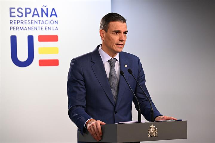 20/03/2025. Pedro Sánchez attends the European Council. The President of the Government of Spain, Pedro Sánchez, appears before the media fo...