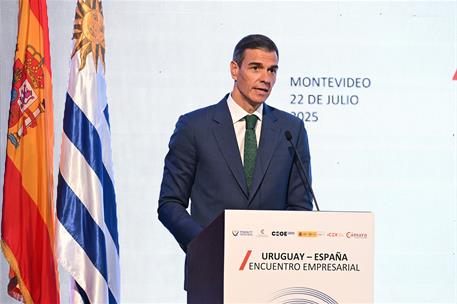 22/07/2025. Pedro Sánchez viaja a Uruguay. Pedro Sánchez durante su intervención en el Encuentro Empresarial España-Uruguay.