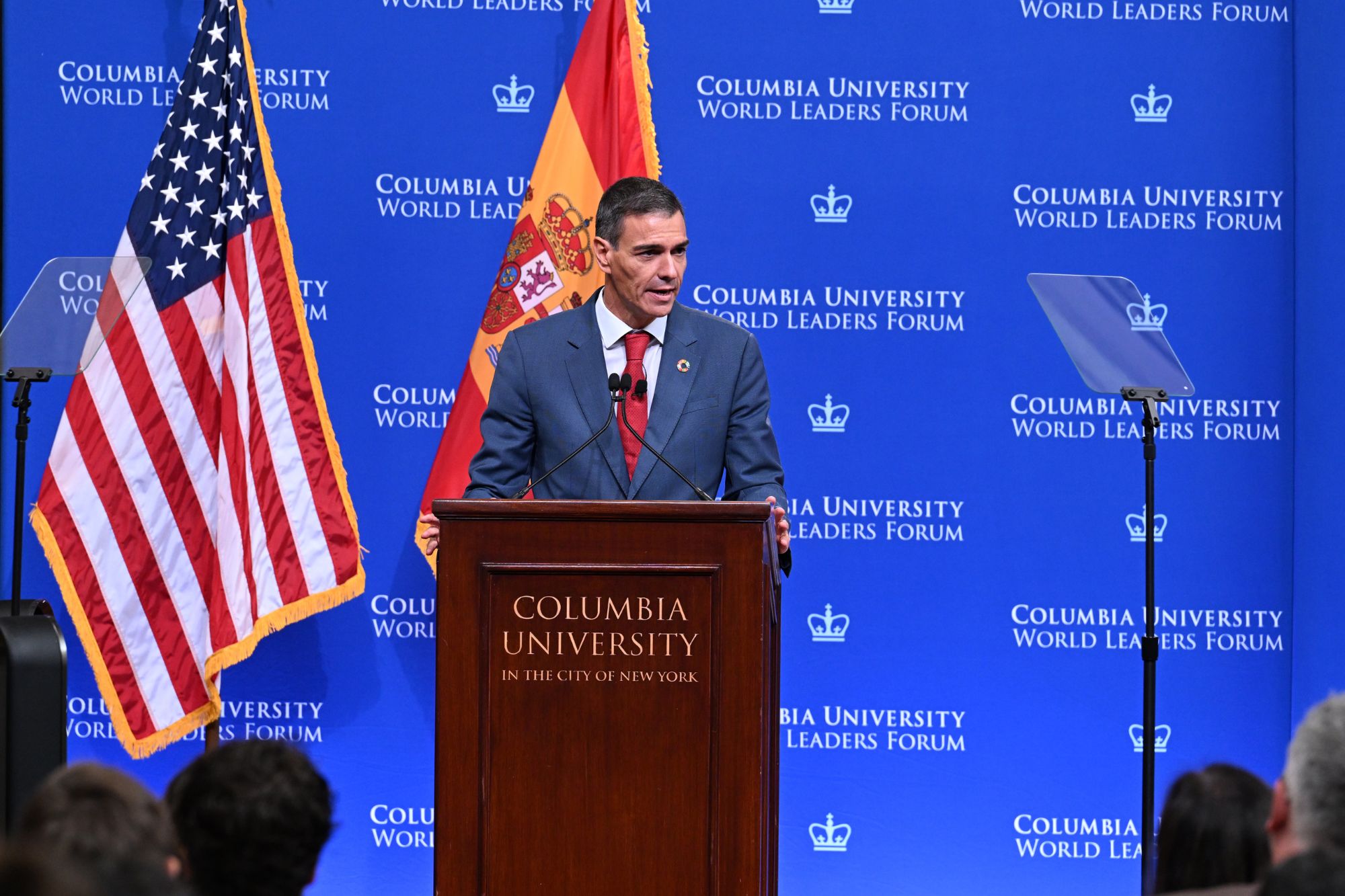 22/09/2025. El presidente del Gobierno, Pedro Sánchez, durante su discurso en la Universidad de Columbia, con motivo del Foro de Líderes Mun...
