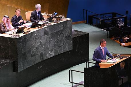 22/09/2025. Conferencia sobre Palestina en la ONU. El presidente del Gobierno, Pedro Sánchez, interviene en la Conferencia para la Solución ...