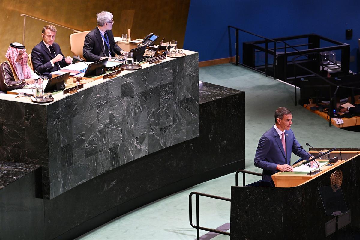 22/09/2025. Conferencia sobre Palestina en la ONU. El presidente del Gobierno, Pedro Sánchez, interviene en la Conferencia para la Solución ...