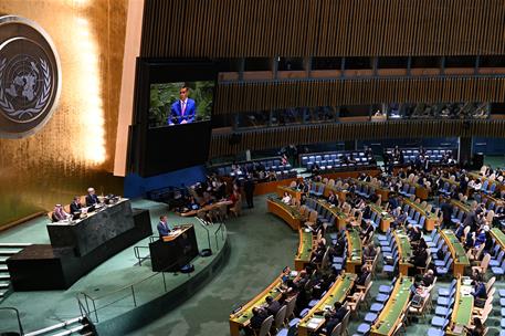 22/09/2025. Conferencia sobre Palestina en la ONU. El presidente del Gobierno, Pedro Sánchez, en la Conferencia Internacional de Alto Nivel ...