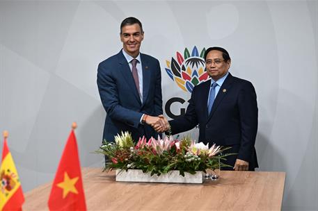 22/11/2025. Pedro Sánchez asiste a la Cumbre del G20 en Sudáfrica. El presidente del Gobierno, Pedro Sánchez, junto al primer ministro de Vi...