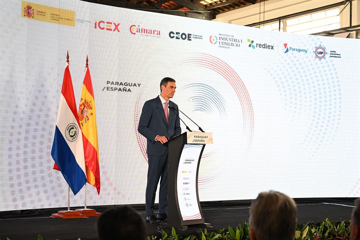 23/07/2025. Pedro Sánchez viaja a Paraguay. El presidente del Gobierno, Pedro Sánchez, interviene en el Encuentro Empresarial Paraguay - España