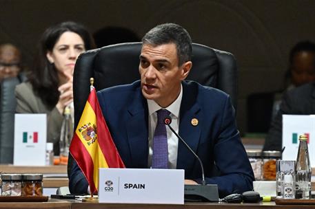 23/11/2025. Pedro Sánchez asiste a la Cumbre del G20 en Sudáfrica. El jefe del Ejecutivo, Pedro Sánchez, durante su intervención en la segun...