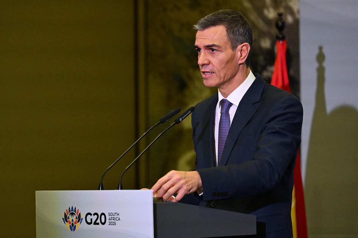 23/11/2025. Pedro Sánchez asiste a la Cumbre del G20 en Sudáfrica. El presidente del Gobierno, Pedro Sánchez, comparece ante los medios tras...