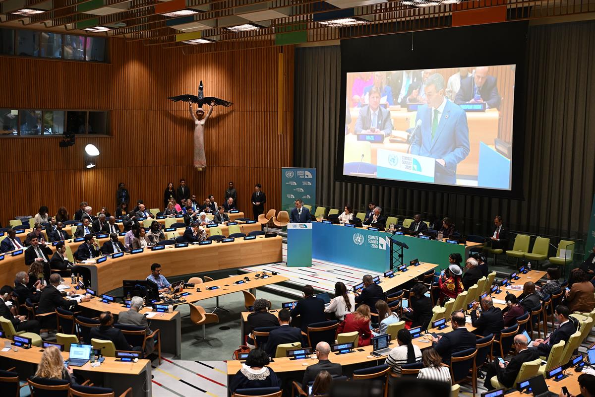 24/09/2025. Pedro Sánchez interviene en la Cumbre de Acción Climática. El jefe del Ejecutivo, durante su intervención en la sala del Consejo...
