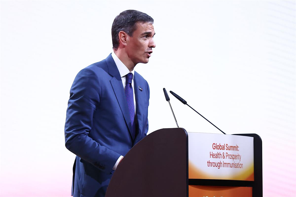 25/06/2025. El presidente del Gobierno participa en la Cumbre Global para el Futuro. El presidente del Gobierno, Pedro Sánchez, durante su i...