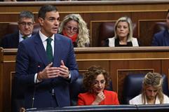 El presidente del Gobierno, Pedro Sánchez, durante su intervención en la sesión de control en el Congreso de los Diputados