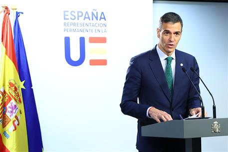 26/06/2025. Pedro S&#225;nchez participa en la reuni&#243;n del Consejo Europeo. El presidente del Gobierno, Pedro S&#225;nchez, en la rueda de prensa post...