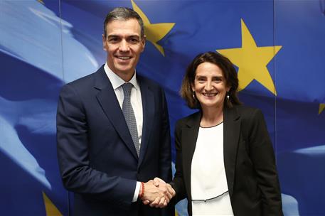 28/05/2025. El presidente del Gobierno se re&#250;ne con Teresa Ribera. El presidente del Gobierno, Pedro S&#225;nchez, saluda a la vicepresidenta de ...