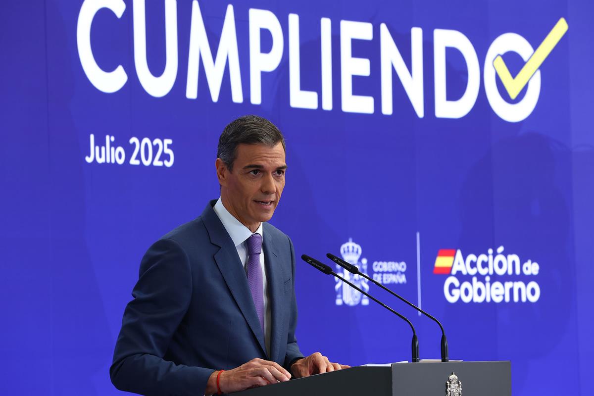 28/07/2025. Pedro Sánchez hace balance del curso político. El presidente del Gobierno, Pedro Sánchez, durante su intervención para hacer bal...