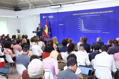 28/07/2025. Pedro Sánchez hace balance del curso político. El presidente del Gobierno, Pedro Sánchez, durante su intervención para hacer bal...