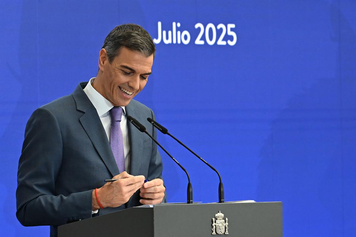 28/07/2025. Pedro Sánchez hace balance del curso político. El presidente del Gobierno, Pedro Sánchez, durante su intervención para hacer bal...