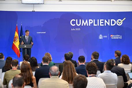 28/07/2025. Pedro Sánchez hace balance del curso político. El presidente del Gobierno, Pedro Sánchez, durante su intervención para hacer bal...