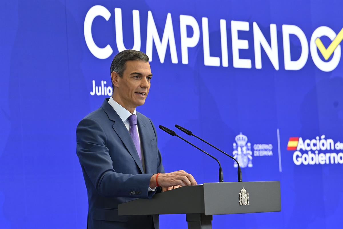 28/07/2025. Pedro Sánchez hace balance del curso político. El presidente del Gobierno, Pedro Sánchez, durante su intervención para hacer bal...