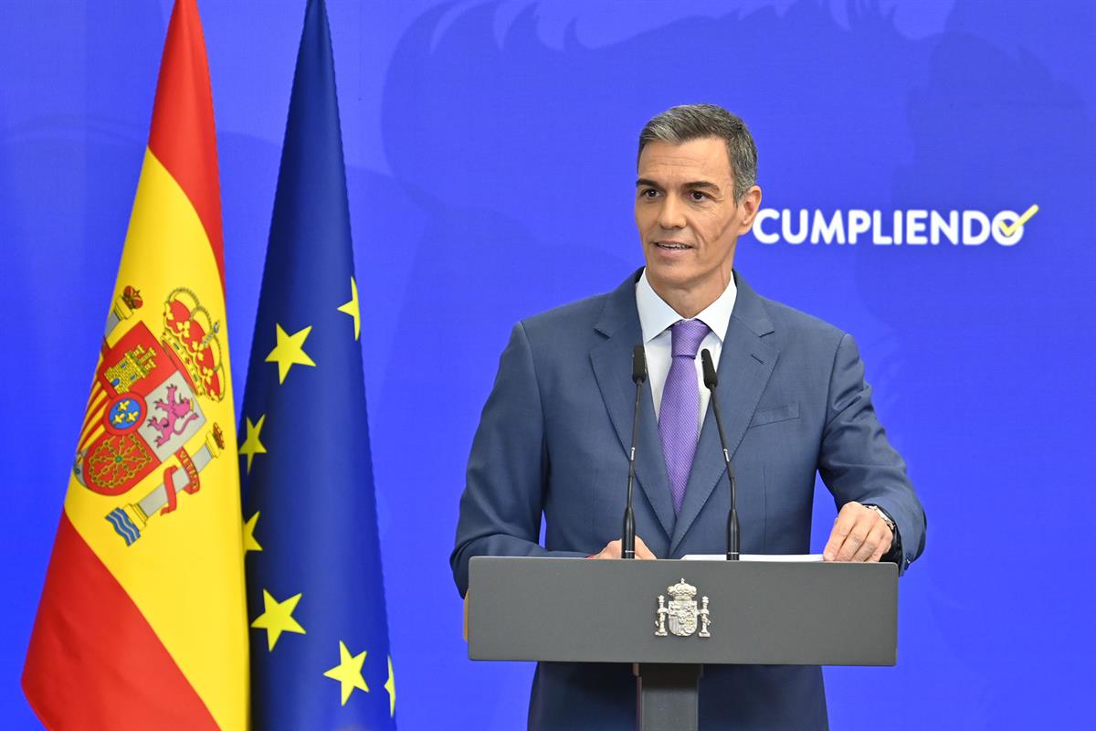 28/07/2025. Pedro Sánchez hace balance del curso político. El presidente del Gobierno, Pedro Sánchez, durante su intervención para hacer bal...